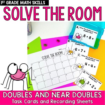Preview of Doubles and Near Doubles Addition Task Cards First Grade Solve the Room Math