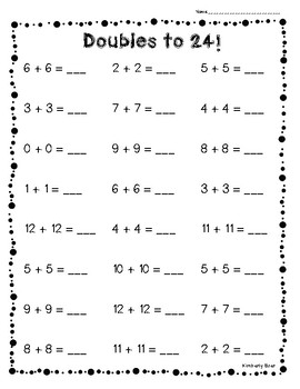 Doubles To 24 Addition Facts Practice Worksheet By 4 Little Baers
