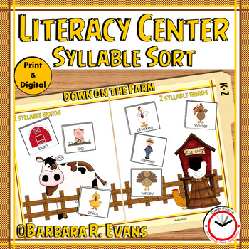 Preview of SYLLABLE SORT Farm Theme Syllable Activity Literacy Center Early Literacy