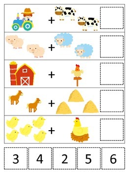 Preview of Down on the Farm themed Math Addition preschool learning activity.  Homesc
