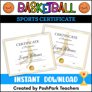 Preview of Downloadable Basketball Certificate Template, Sports Participation Award