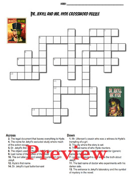 Dr. Jekyll and Mr. Hyde Novel Crossword Puzzle Worksheet | TPT