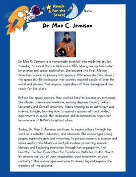 Preview of Dr Mae C Jemison Bio & Reading Comprehension Worksheet Black History Month