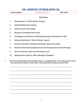 Preview of Dr. Martin Luther King Jr. Fast Facts & Worksheet