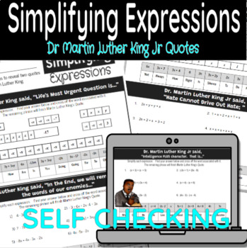 Preview of Dr. Martin Luther King Jr Quotes Reveal:  Simplify Expressions Combine Like Term