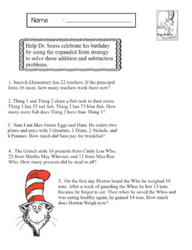 Dr. Seuss Day 2nd Grade Adding and Subracting Expanded Form Strategy by ...