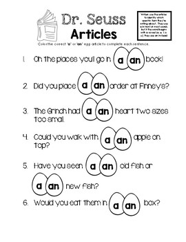 Dr Seuss Articles A Or An Worksheet By Little Learning Lane
