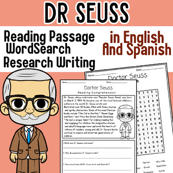 Preview of Dr Seuss Biography Reading Comprehension Passage , Word Search in Spanish & Engl