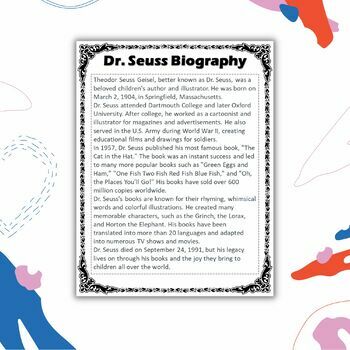 Dr. Seuss Biography Reading Comprehension Worksheet Read Across America