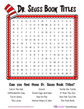 Dr. Seuss Book Title Word Search | Read Across America | TpT
