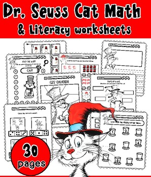 Preview of Dr. Seuss Cat Math & Literacy worksheets writing Craft Activity