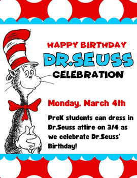 Dr.Seuss Celebration Flyer Template, Read Across America, FREE by PreKMama