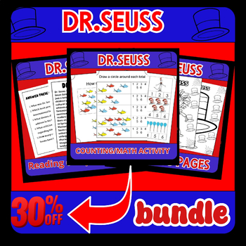 Preview of Dr.Seuss Coloring Pages{ Reading comprehension & Math activities} Bundle