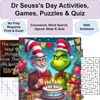 Preview of Dr Seuss Read Across America Week Activities, Games, Puzzles & Quiz- No Prep
