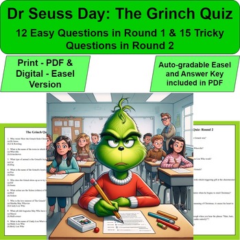 Preview of Dr Seuss Read Across America Week - The Grinch Quiz (25+ No Prep Print & Easel)