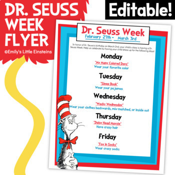 Preview of Dr. Seuss Dress Up Spirit Week Flyer Handout