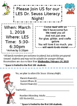 Preview of Dr. Seuss Literacy Night Flyer