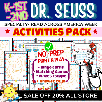 Preview of Dr Seuss No Prep PRINTABLE ACTIVITIES K, GRADE 1 2|Read Across America Week 2024