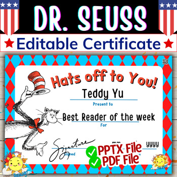 Preview of Dr Seuss Read Across America (Editable) Award n Certificate Printable PDF, PPTX