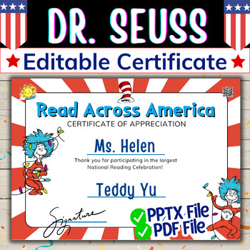 Preview of Dr Seuss Read Across America (Editable) Certificate Printable PDF and PPTX