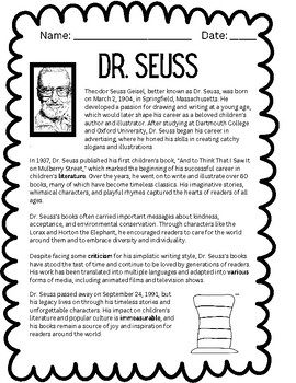 Dr. Seuss Reading Comprehension | Biography by Mrs Bertine | TPT