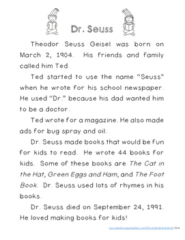 Dr. Seuss Reading Comprehension with Writing Extension First Grade