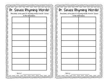 Dr. Seuss Rhyme Finder Activity by Miss Zees Activities | TpT