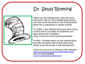 Dr. Seuss Rhyming by BusyKinders | Teachers Pay Teachers