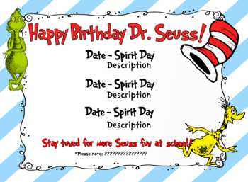 Dr. Seuss Spirit Week Flyer - EDITABLE by Miss Miller's Materials