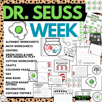 Preview of Dr. Seuss Week| Cat in the hat| Green Eggs & Ham Worksheets, Centers, Crafts|