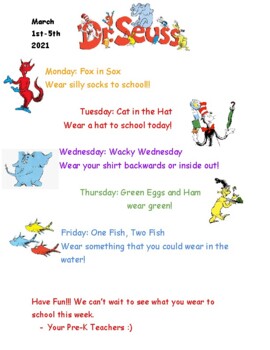 Dr. Seuss Week Daily Themes by Miss Courtney's Corner | TPT