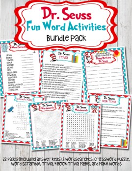 Dr. Seuss Word Activities Bundle Pack, Dr. Seuss Worksheets by misstbaxter