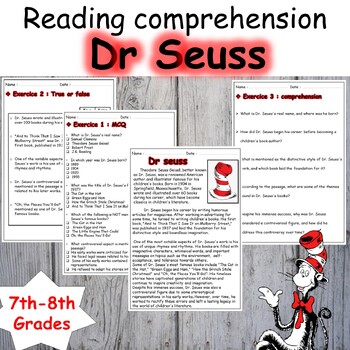 Preview of Dr Seuss reading comprehension passage activities & questions 7th-8th grades