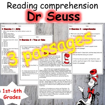 Dr Seuss reading comprehension passages activities 1st -6th grades bundle