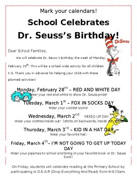 Preview of Dr. Seuss's Week Flyer:outlines a school wide activities for a week (Editable)