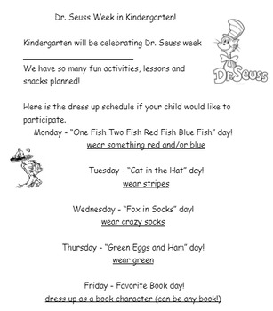 Preview of Dr. Seuss week snacks and dress up days!