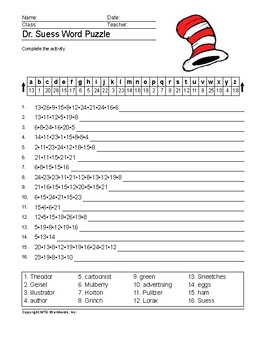 Dr. Suess Word Search and Vocabulary Worksheet Printables by Lesson Machine