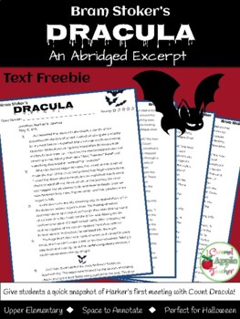 Preview of Dracula Close Reading Excerpt- Upper Elementary