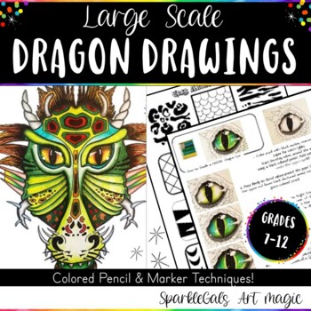 Preview of Dragon Drawing Activity Colored Pencil Shading-Middle School Art High School- 2D