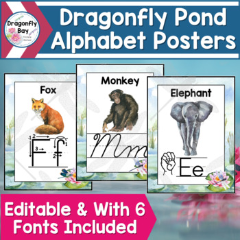 Preview of Dragonfly Pond Alphabet Posters for Classroom Decor Back to School EDITABLE