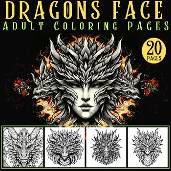 Preview of 20 Dragons Faces Coloring pages Adult and Teen magical of mythical dragons faces