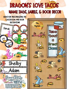 Preview of Dragons Love Tacos Door Decor and Labels | Editable