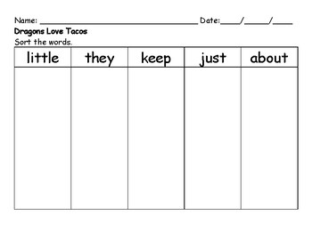 Preview of Dragons Love Tacos - Sort the Words by Font Worksheet