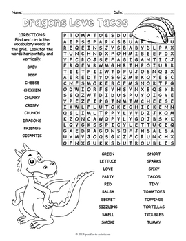 dragons love tacos word search fun by puzzles to print tpt