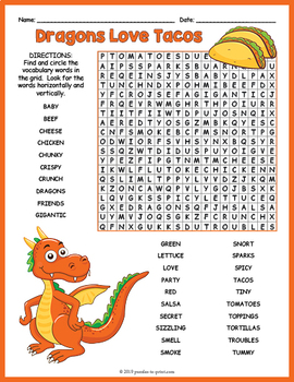 DRAGONS LOVE TACOS Word Search Puzzle Worksheet Activity by Puzzles to