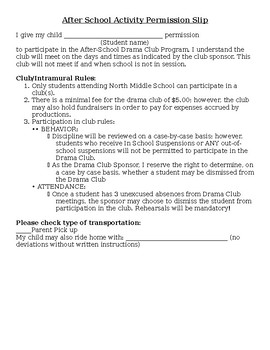 Preview of Drama Club After School Permission Form