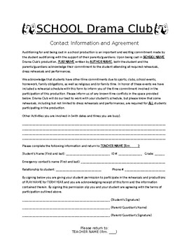 Preview of Drama Club Permission Slip and Emergency Contact Form