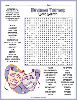 Preview of (3rd, 4th, 5th, 6th Grade) DRAMA TERMS Vocabulary Word Search Puzzle Worksheet