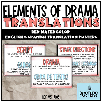 Preview of Drama Elements English & Spanish Translation Posters | Red & Blue Watercolor