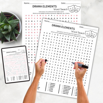 Preview of Drama Elements Word Search Puzzle Terms Worksheet.